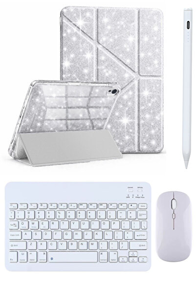 Covpor İpad Air 11inç M2/m3 2025-2024 Uyumlu Simli Kılıf Gümüş+Bluetoothlu Kl...