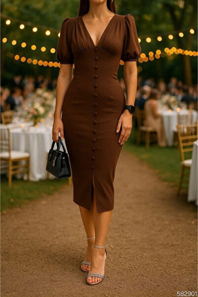 nedo7 Women's V Neck Front Buttoned Back Window Low Cut Dress