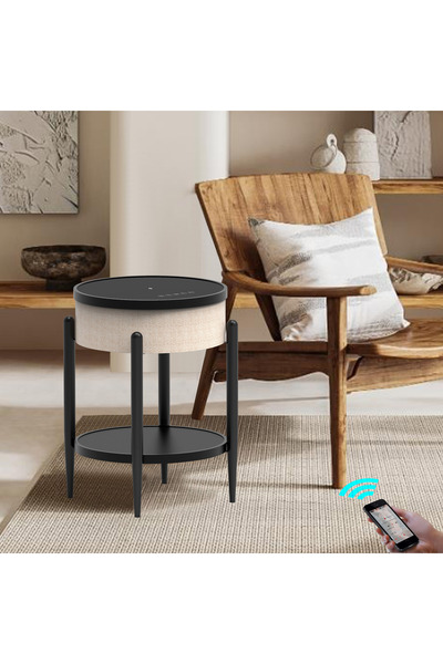 Home Box Ambre Round End Table with Bluetooth Speaker and USB Charging Port- ...
