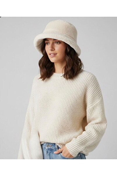 ZETEM Kadın Krem Peluş Bucket Şapka Yumuşak Dokulu Kışlık Model