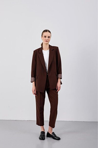 CELITA Women's Lining Striped Sleeve Fold Detail Jacket & Pants Bottom Top Set