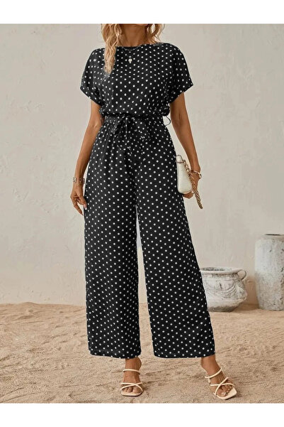 nedo7 Women's Short Sleeve Boat Neck Waist Belted Knitted Crepe Jumpsuit