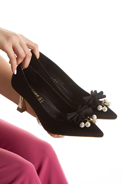 HAYAT SHOES Women's 7.5 cm Gold Heel Satin Pearl Bow Detailed Black Stylish H...