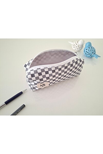 MB gri dama desenli kalemlik - duck keten - tek bölmeli