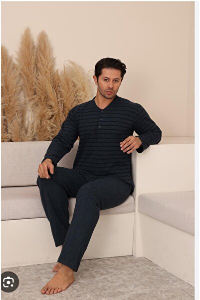 Ercan Men's Thessaloniki Navy Blue Buttoned Front Thick Cotton Pajama Set