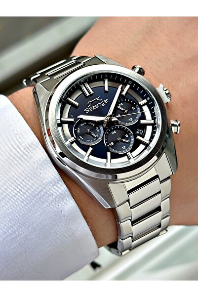 Slazenger Functional Silver-Navy Color 10 Atm Water Resistance Steel Case Men...