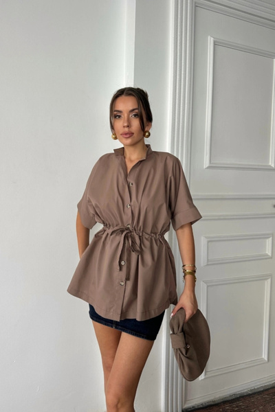 nedo7 Poplin shirt with waist detail - brown