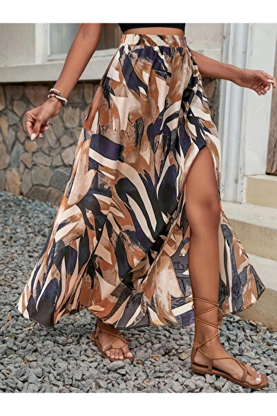 nedo7 Women's Gathered Waist Side Slit Patterned Single Jersey Skirt