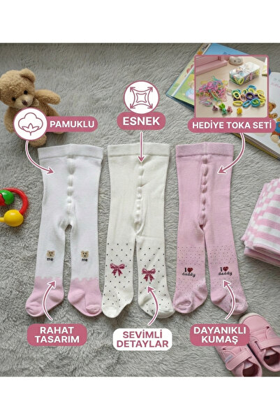 senihan Kız Bebek Çocuk 3'lü Pamuklu Esnek Külotlu Çorap Seti + Hediye Toka Seti