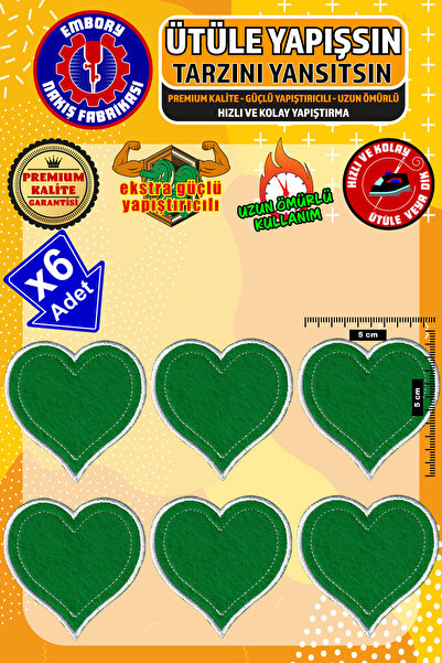 Embory Ütü Ile Yapışan Arma Yama, Yeşil Kalp (6 ADET) Ütüyle Yapışan Nakış Do...