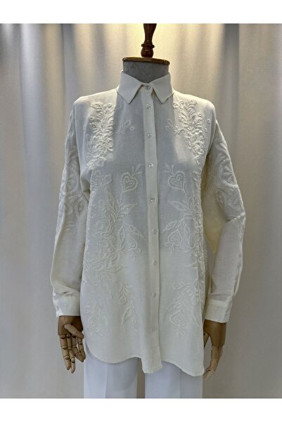 Nefzade Studio Dogal Dokulu Nakis Islemeli Keten Gomlek-STANDART