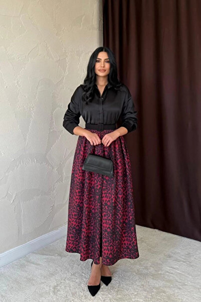 nedo7 Burgundy Leopard Gathered Long Skirt