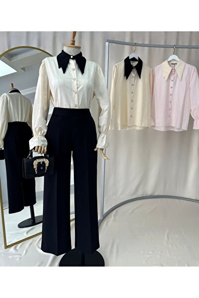 Nefzade Studio Siyah Çift Yaka Detaylı Işıltılı Taşlı Gömlek