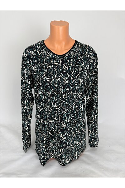 YAŞAR TRİKO Women's Green Black U-Neck Long Sleeve Patterned Slit Woven Visco...