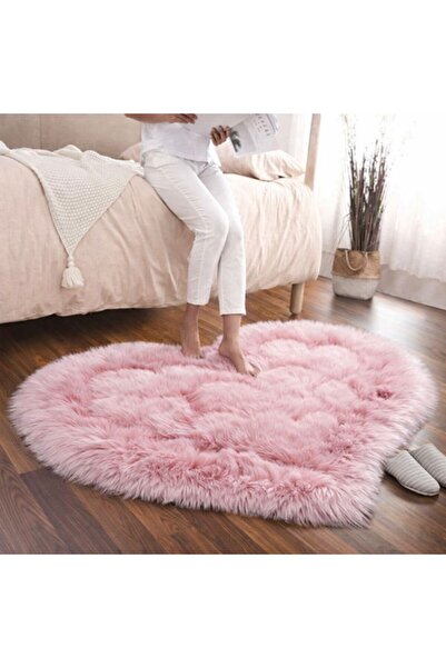 EYPRICH Kuzu Post Peluş Premium Kalp Desen Yumuşak Tüylü Halı - Pembe