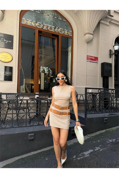 nedo7    Polyviscos Double Belt Detailed Dress - Beige