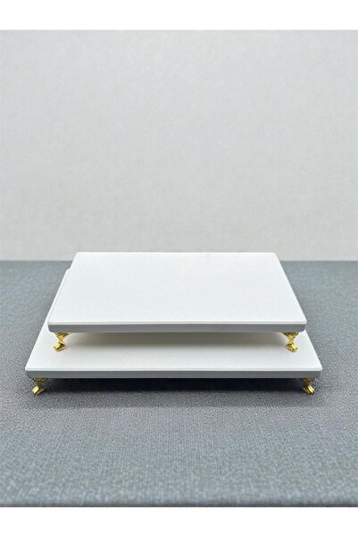 Yanmersan İnce ve Gerçek Mermer Kuvars Sunumluk 2’li Set – Metal Altın Ayaklı...