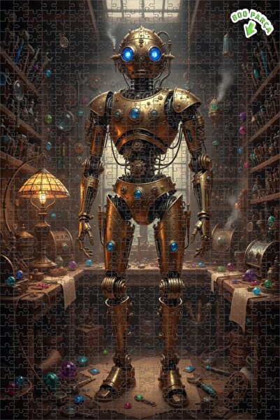 Teona Ahşap Steampunk Robot Atölyesi Yağlı Boya Görünümlü Çift Katlı Çerçevel...