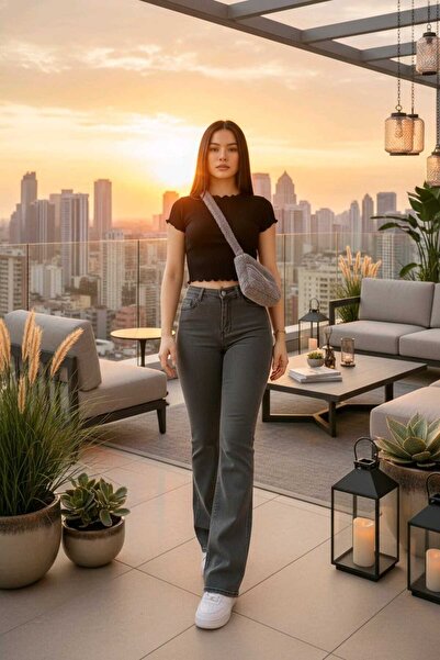 NWC واسع الأرجل F جينز واسع الأرجل بنطال جينز عالي الخصر من الليكرا باللون ال...