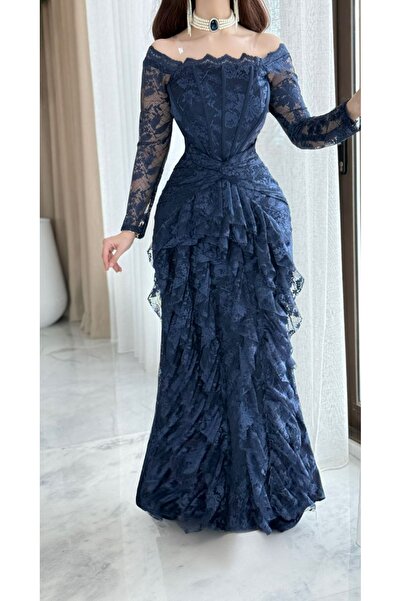 LOODYA Long navy lace dress with a corset cut