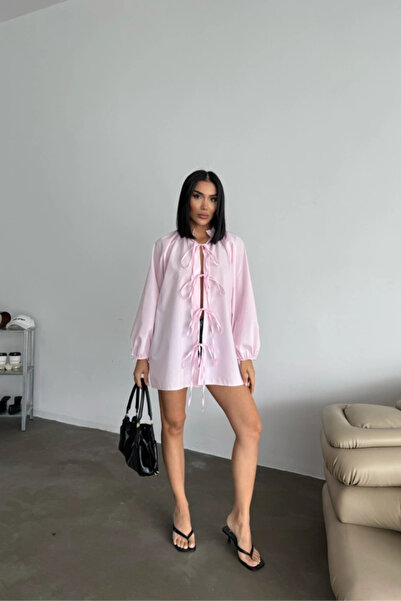 nedo7 Shirt Poplin Dominant Collar Front Tie String Detail - Pink