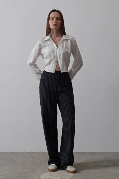 nedo7 Palazzo Trousers with Half Elastic Waist - Navy Blue-White