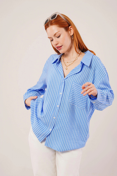 nedo7    Blue Shirt with Stripe Detail and Pockets