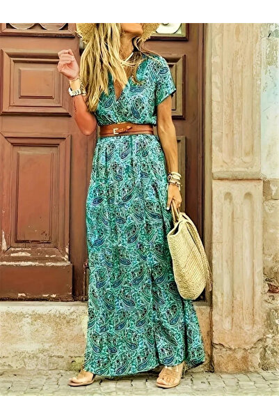 nedo7 Women's Short Sleeve V-Neck Ethnic Pattern Slit Detail Single Jersey Dr...