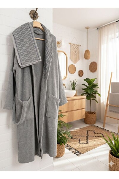 Mustgross Комплект памучен халат и кърпа за баня, подходящ за мъже и жени – м...