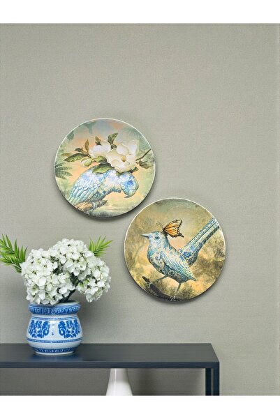 unique florya Duvar Tabağı 2'li Set Mavi Çiçek Kuş Blue Blanc Desenli Duvar S...