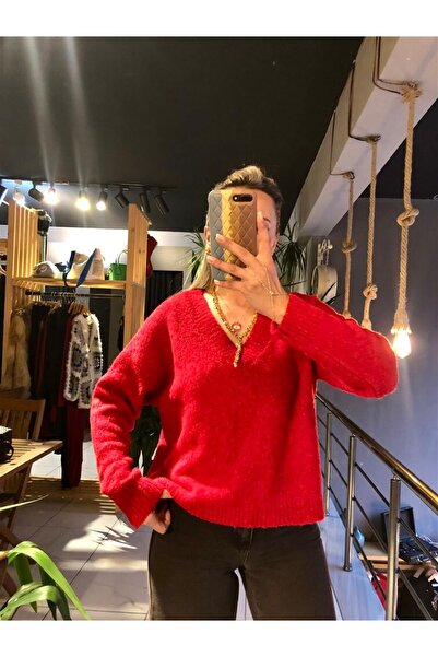 Gözde Tasarım Butik Women's Red Color V-Neck Buckle Knitwear Sweater