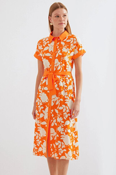 nedo7 2455 Patterned Shirt Dress - Orange
