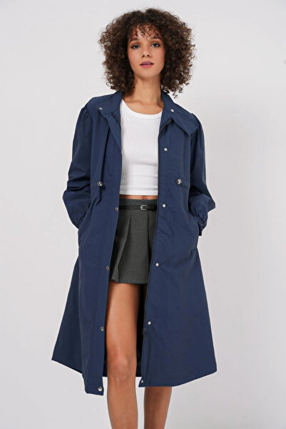 nedo7 5939 Lined Long Trench Coat - Navy Blue