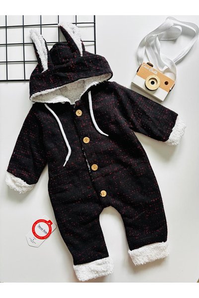 cacobutik Unisex Baby Hooded Ear Detailed Plush Lined Thick Winter Welsoft Jumpsuit Black