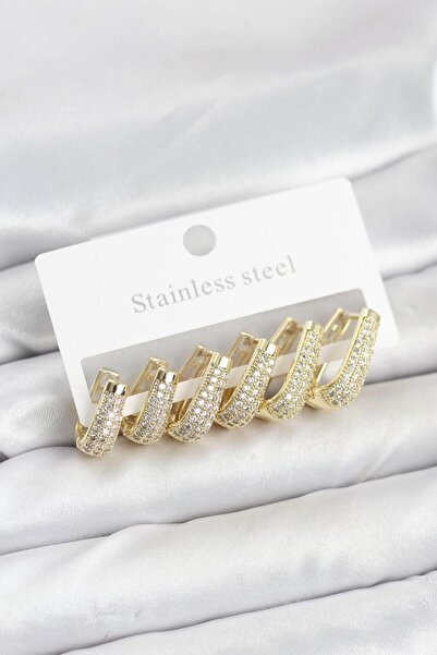 Store Zirkon Taşlı Gold Çelik Kadın Küpe Seti 6'lı Günlük kombin,Kararmaz