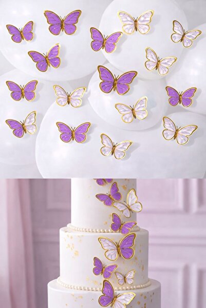 Baloncu Dede 63 Adet 4-5 Cm Mor Altın Yaldızlı Kelebek Pasta Balon ve Duvar S...