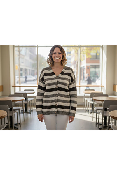 ANBLYs COLLECTION كارديجان نسائي من التريكو بأكمام طويلة وخطوط ملونة ونمط مخطط