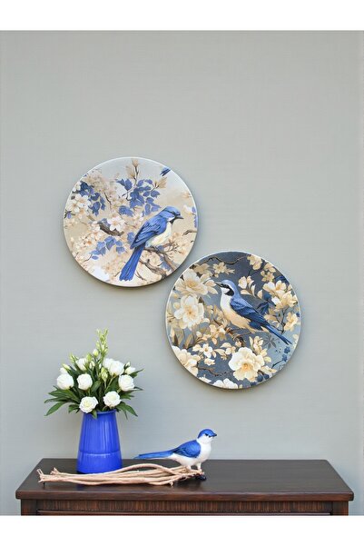 unique florya Duvar Tabağı 2^li Set Mavi Çiçek Kuş Blue Blanc Desenli Duvar S...