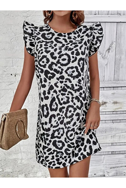 nedo7 Women's Short Sleeve Sleeves Ruffle Detail Tie Back Leopard Pattern Sle...