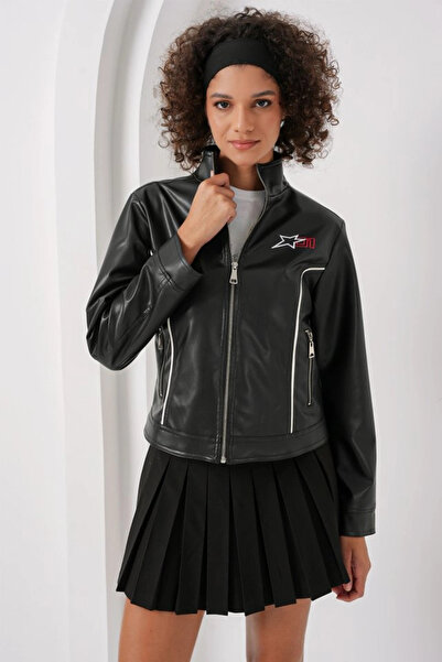 nedo7    1041 Stand Collar Faux Leather Jacket - Black