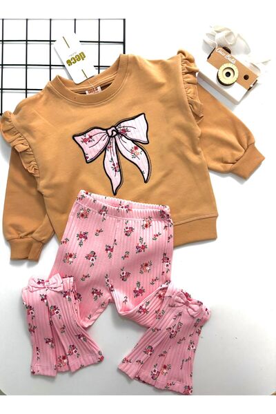 cacobutik Girl's Ribbon Detailed Floral Flared Pants Sweatshirt Set Mustard-Pink