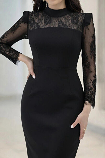 nedo7 Women's Long Sleeve Turtleneck Lace Detailed Midi Imported Crepe Dress