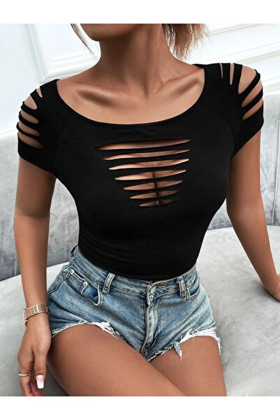 nedo7 Women's Short Sleeve Shoulder and Chest Cutout Detail Viscose Blouse