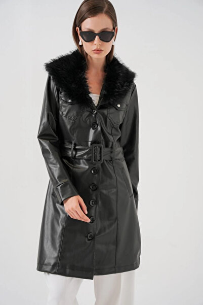 nedo7 Fur Collar Leather Coat 1048 - Black