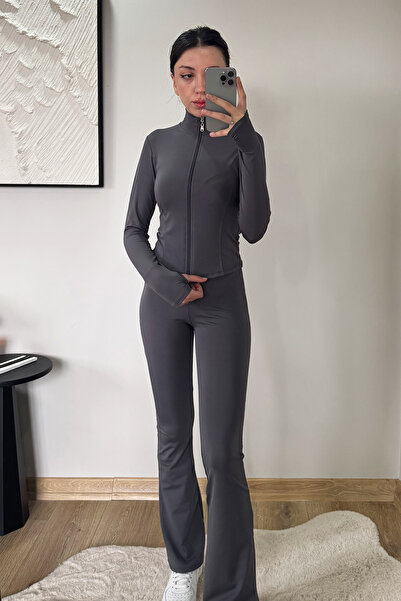 İlayda Toprak Combo Basic Füme Rover Parmak Geçirmeli Fit 2'li Eşofman Takımı