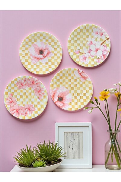 unique florya Σετ 4 Πιάτων Τοίχου με Ροζ Λουλουδάτο Σχέδιο, Διακοσμητικό Πιάτ...