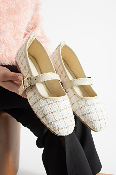 star shoes White Tweed Fabric Women's Ballerina Flats Stylish Buckle Orthoped...