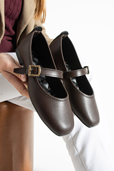 star shoes Balerini din piele maro cu cataramă pentru femei, pantofi conforta...