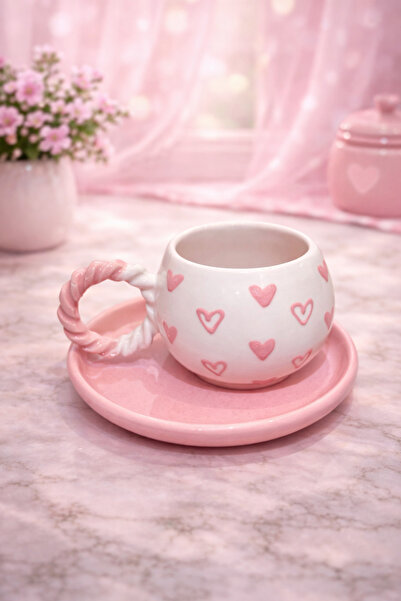 İZart Bubble Mesh Handle Pink Plate - Pink Heart Pattern Special Embossed 2 P...