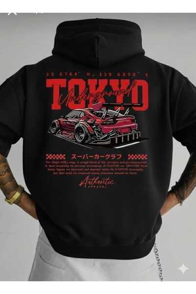 Framgan سويت شيرت أسود للجنسين من طوكيو كار مطبوع بغطاء رأس